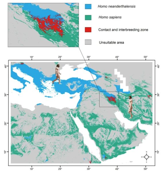 Habitat suitability models of the two Homo species and their potential contact and interbreeding zones in Southwest Asia and Southeast Europe.