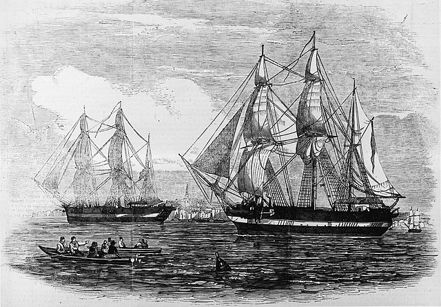 An illustration of the Erebus and Terror as the ships departed England in 1845.