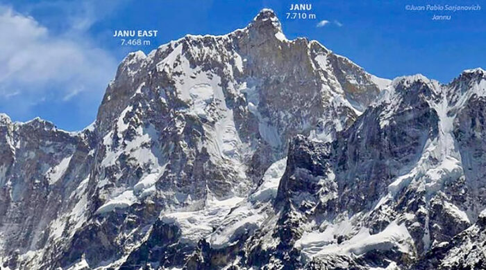 Jannu as seen from the north, with the hughe north wall and the different points marked