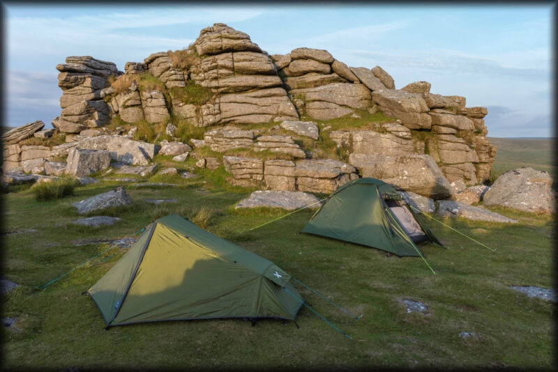 Wild camping tents on Middle Staple Tor in Dartmoor National Park.