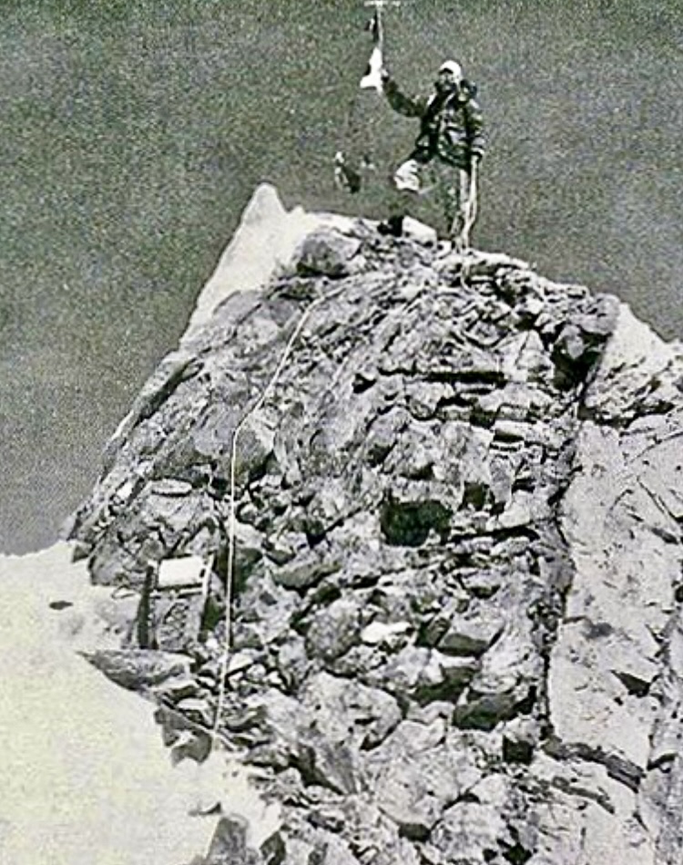 Toshio Imanishi on the summit of Manaslu in 1956.