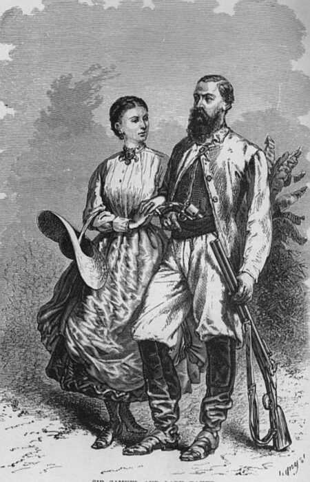 an illustration of a Victorian man and woman in hunting garb