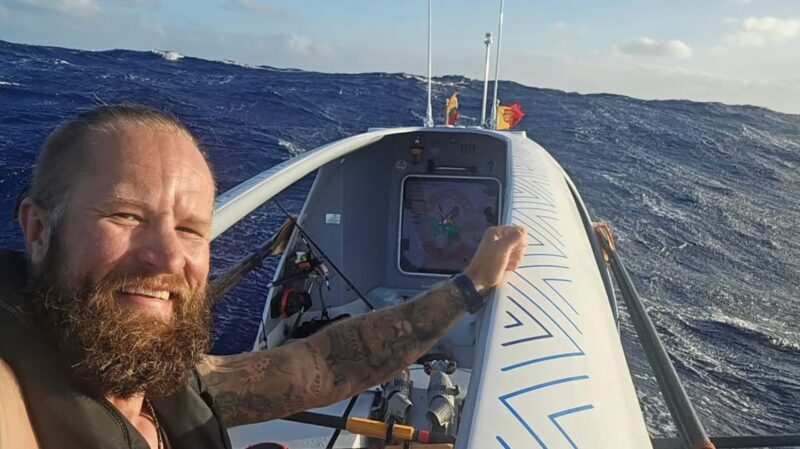 Aurimas Mockus on his boat