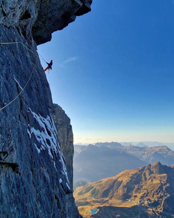 A climber on a traversing pitch on the North face of Eiger.