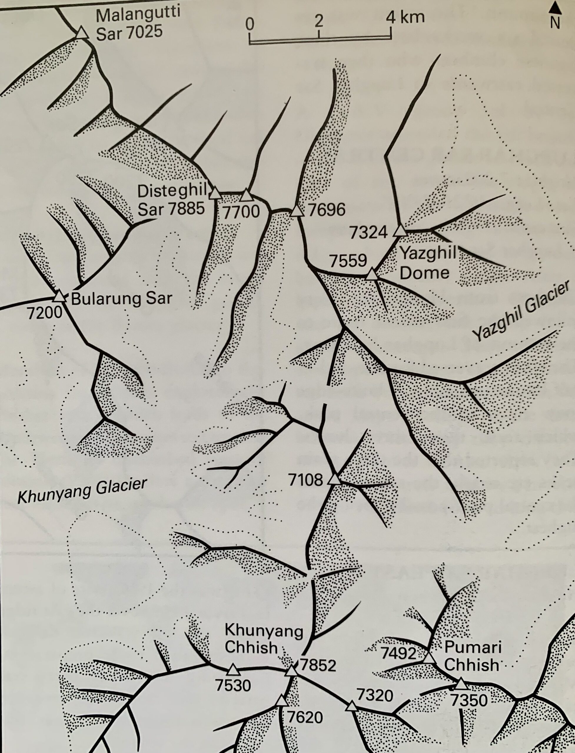 A map of the peaks and some of the glaciers in the area.