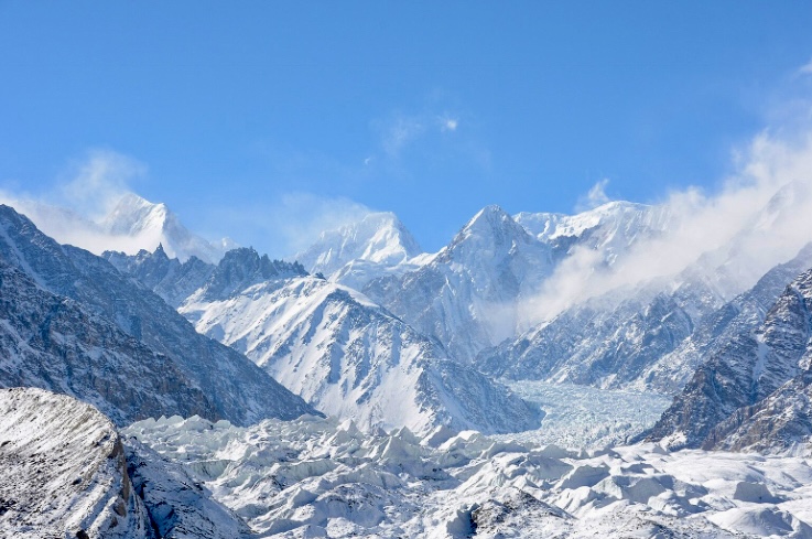 Kunyang Chhish (centre background), and Pumari Chhish (left background) as seen from the Yazghil Sar's western slopes.