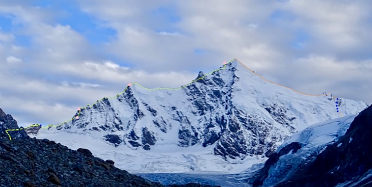 Lalung I and the route of the first ascent, marked with yellow.