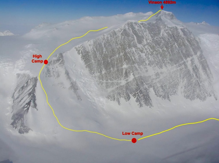 Low Camp, High Camp, and the summit of Vinson.