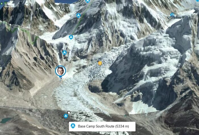 3D graph of Everest surrpundings, with the location of Jost Kobusch marked with a photograph