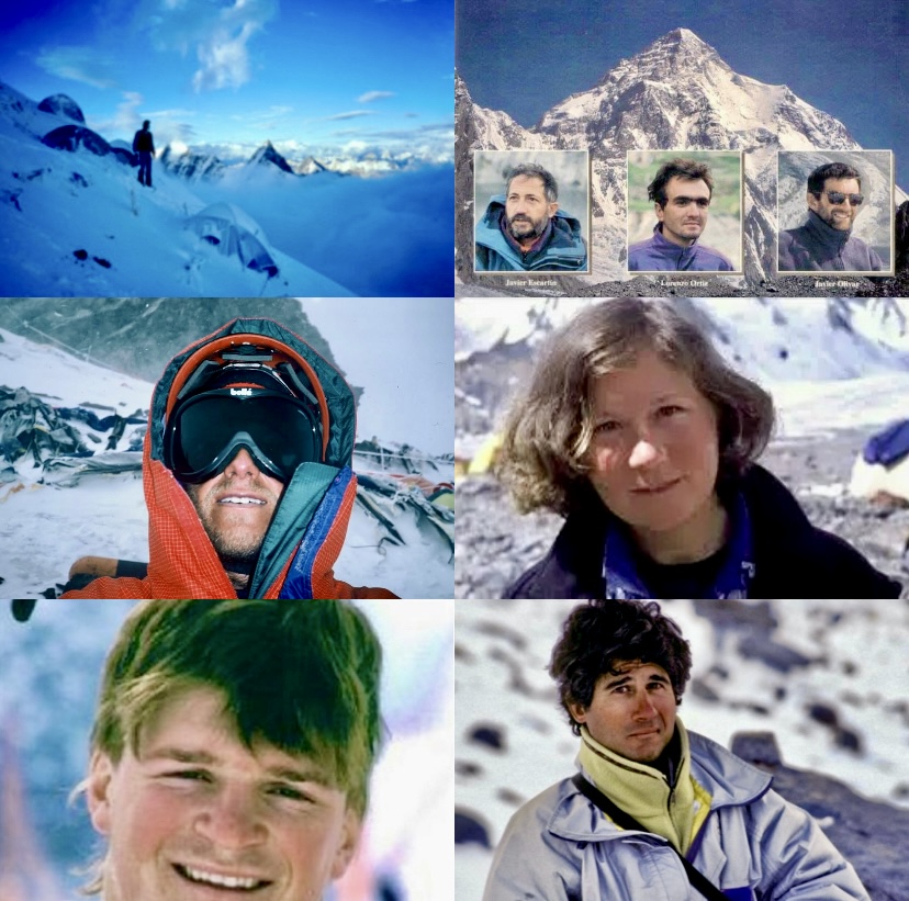 Photo montage of the eight climbers who perished on K2 in the summer of 1995. From left to right starting above: Jeff Lakes, Javier Escartin, Lorenzo Ortiz, Javier Olivar, Rob Slater, Alison Hargreaves, Bruce Grant, and earlier in that summer, Jordi Angles.
