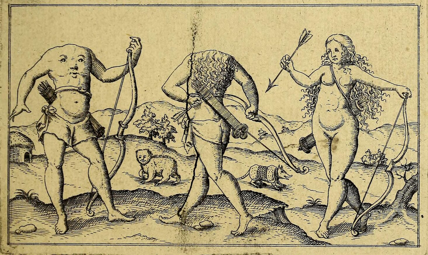Three illustrated figures, two of which don't have heads.