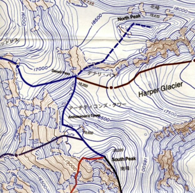 The Muldrow Glacier route marked in brown.