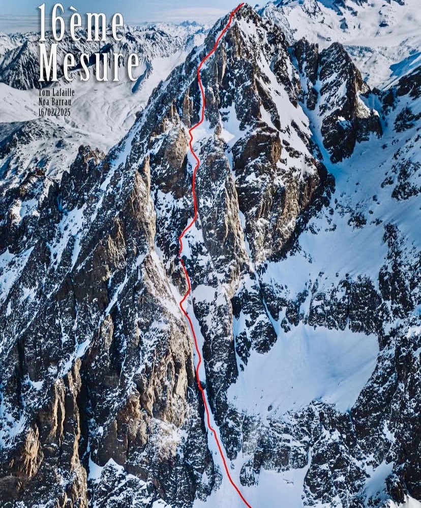 Tom Lafaille's and Noa Barrau's ski descent line on the west face of Aiguille de Mesure.