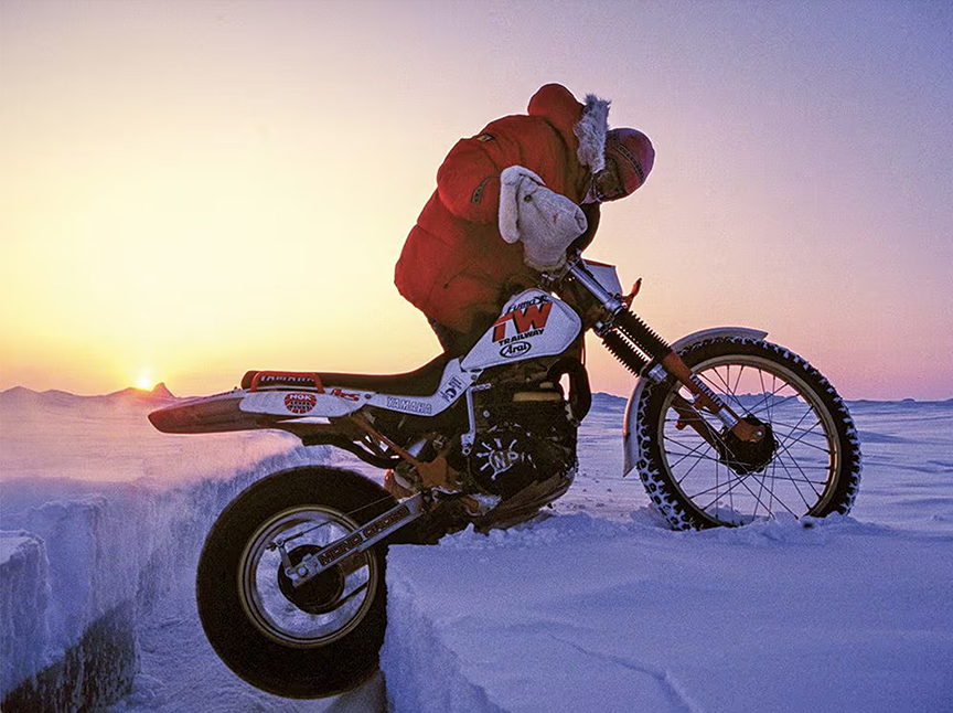 Motorcyclist Shinji Kazama wrestles with a lead on the Arctic Ocean.