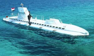 A white submarine above water level.