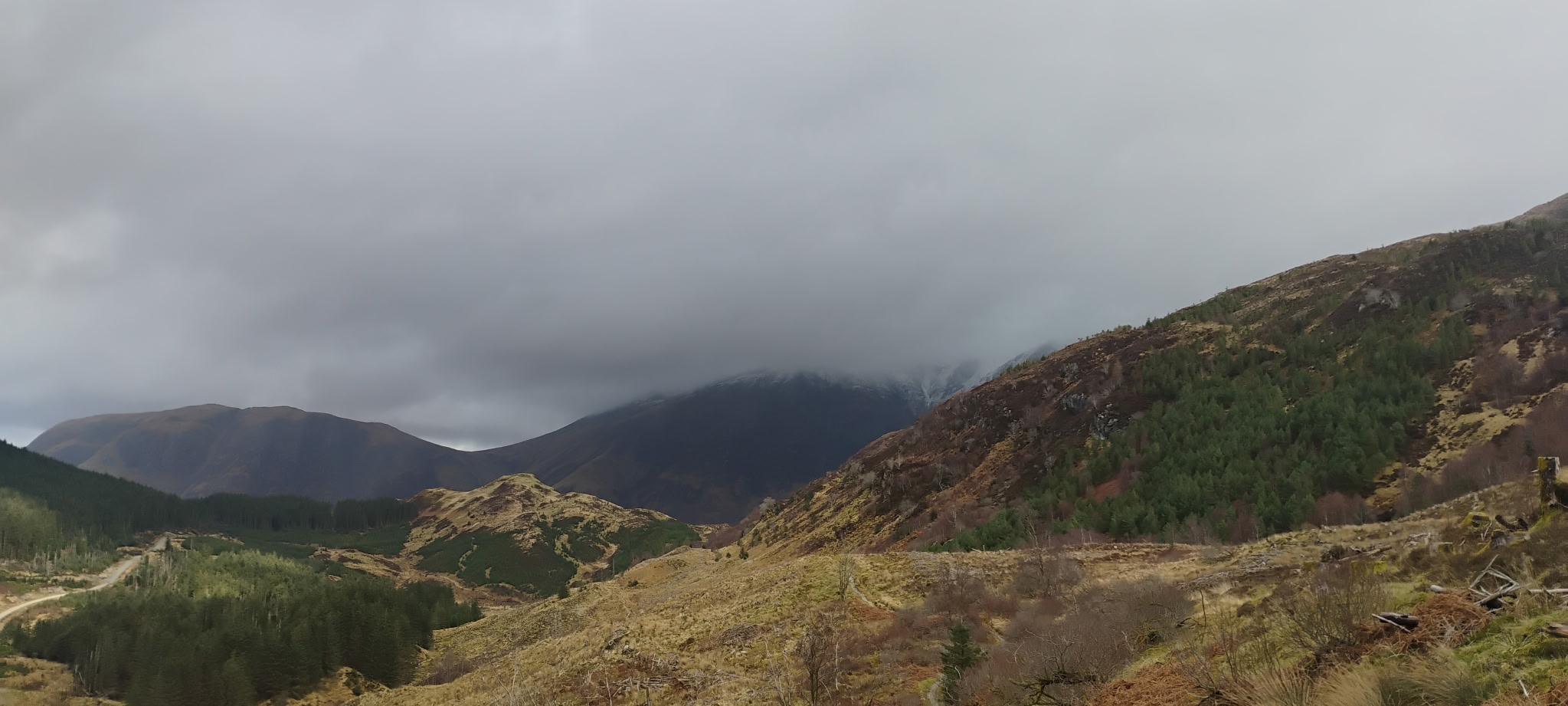 Mountains shrouded in clouds.