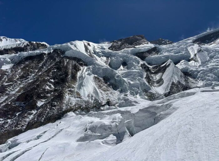 Annapurna looking very dry, with ice sections and seracs on the bare rock