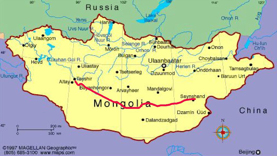 map of Mongolia with route in red