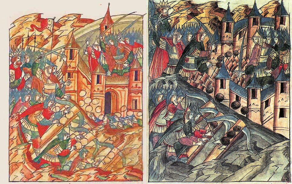 Two illustrations of medieval cities under siege