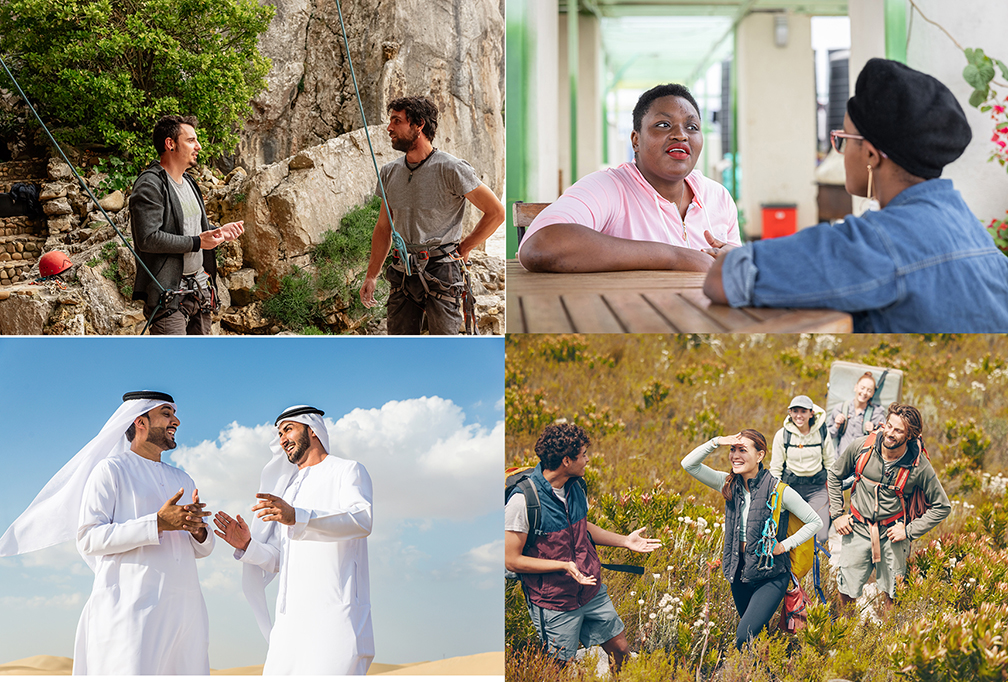 four images of different sorts of people talking