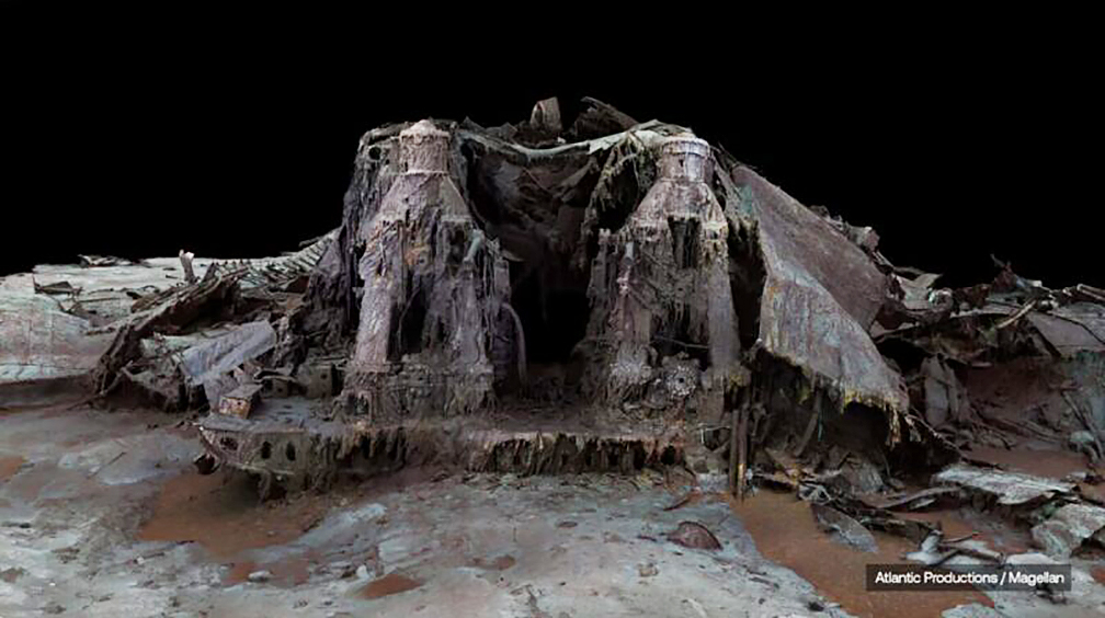 crumpled wreckage of Titanic on ocean floor