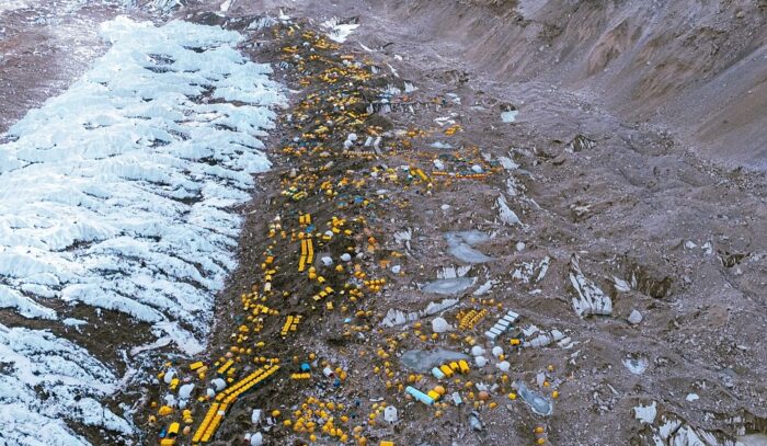 hundreds of tents scatered on the Khumbu glacier, as seen from the air.