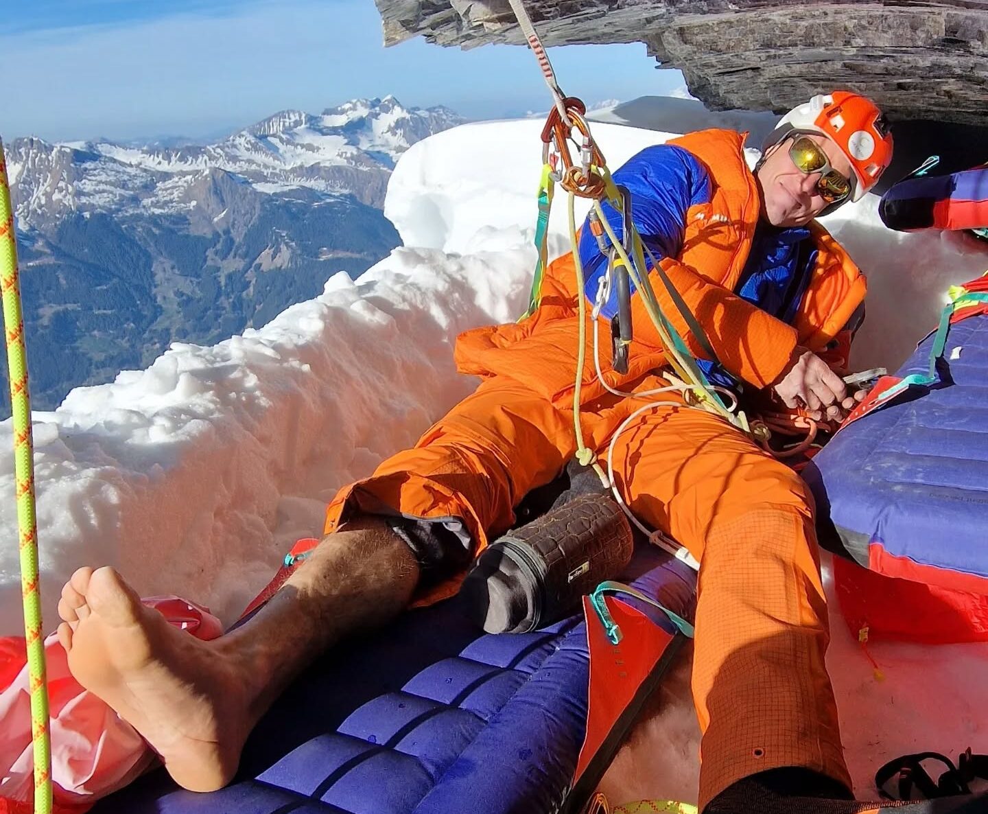 Stefan Siegrist with an injured ankle at a bivouac on the North Face of the Eiger.