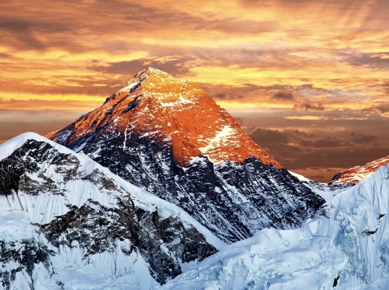 The Everest summit pyramid at sunset.