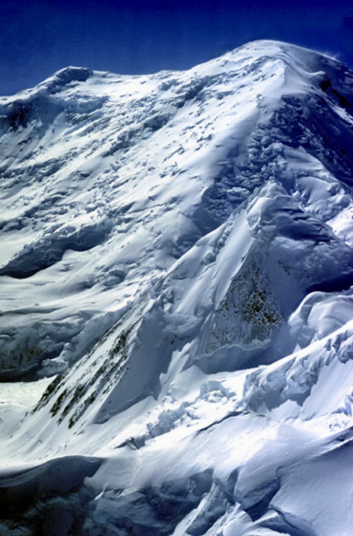 Mount Blackburn's Worthwest Face with the East Peak on the left, and the main, western summit on the right.