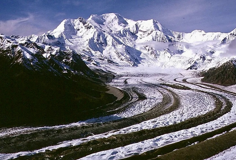 Mount Blackburn from the southeast, looking up the Kennicott Glacier.