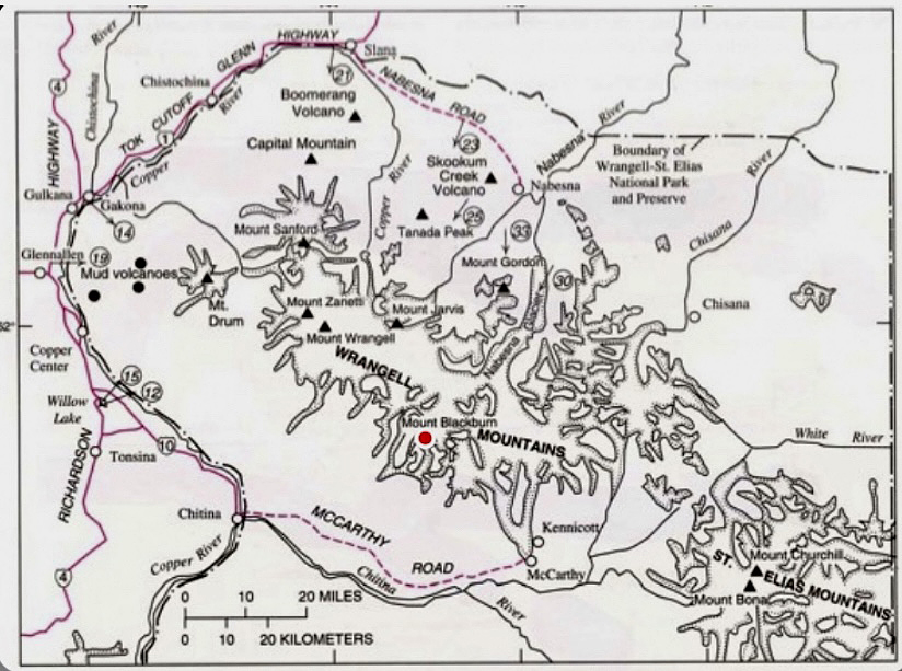 Mount Blackburn, marked with a red dot on the map. 