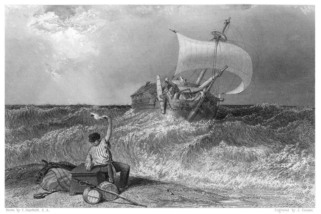 A castaway waving at a ship.
