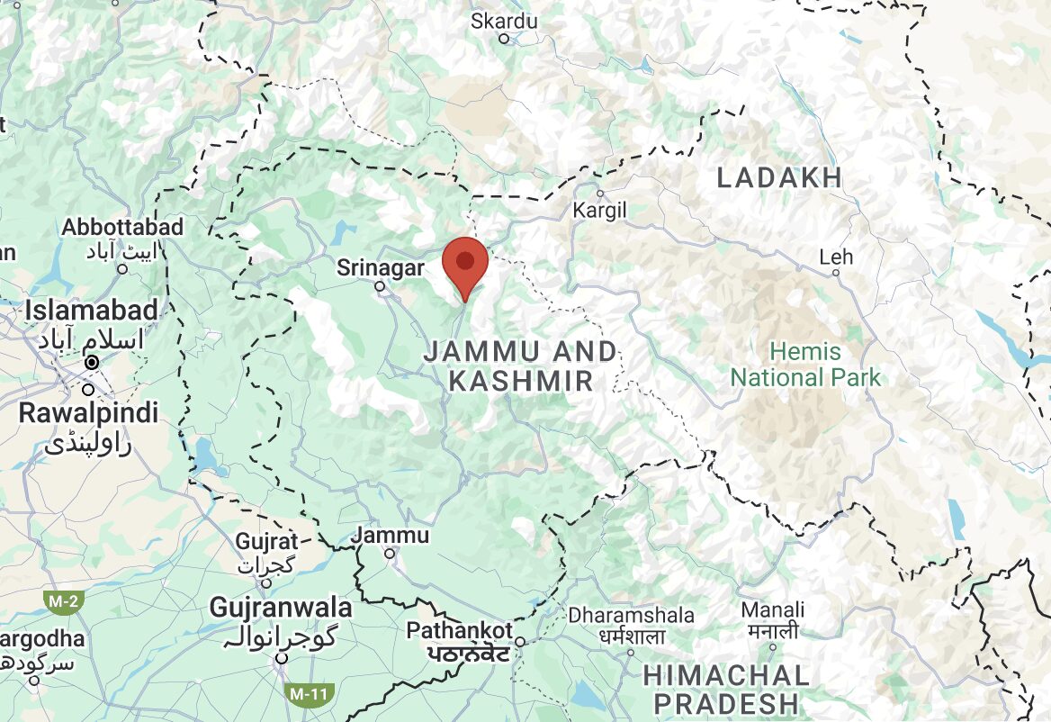 Google maps with the town of Pahalgam marked.