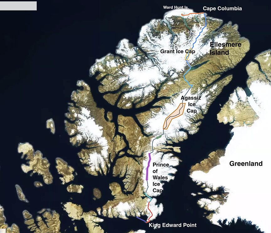 map of Ellesmere Island, showing route