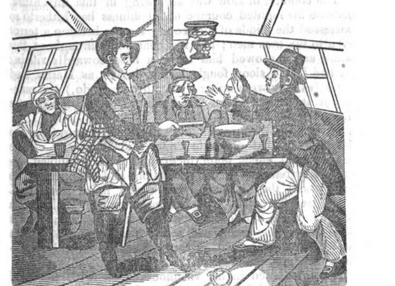 Woodcut engraving of Ned Low threatening a prisoner with a gun.