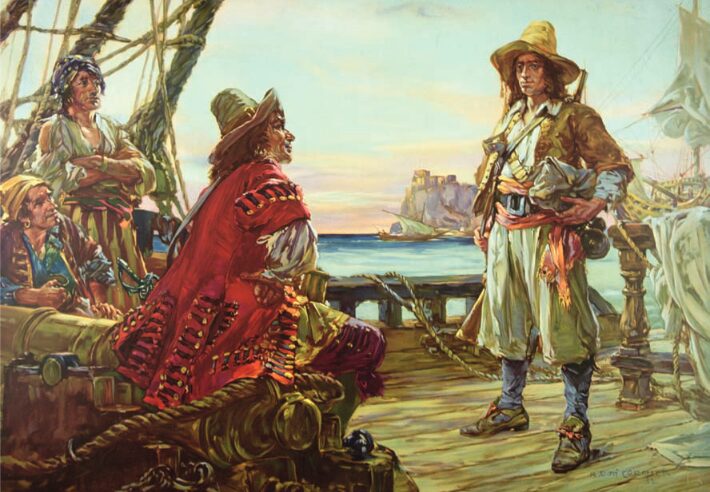 A shabby looking sailor facing a pirate captain.