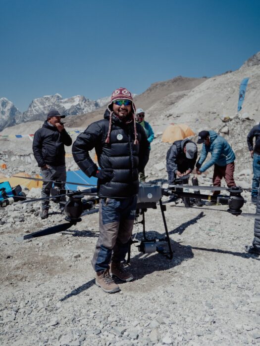 Raj Bikram at Everest Base Camp with drones last year.