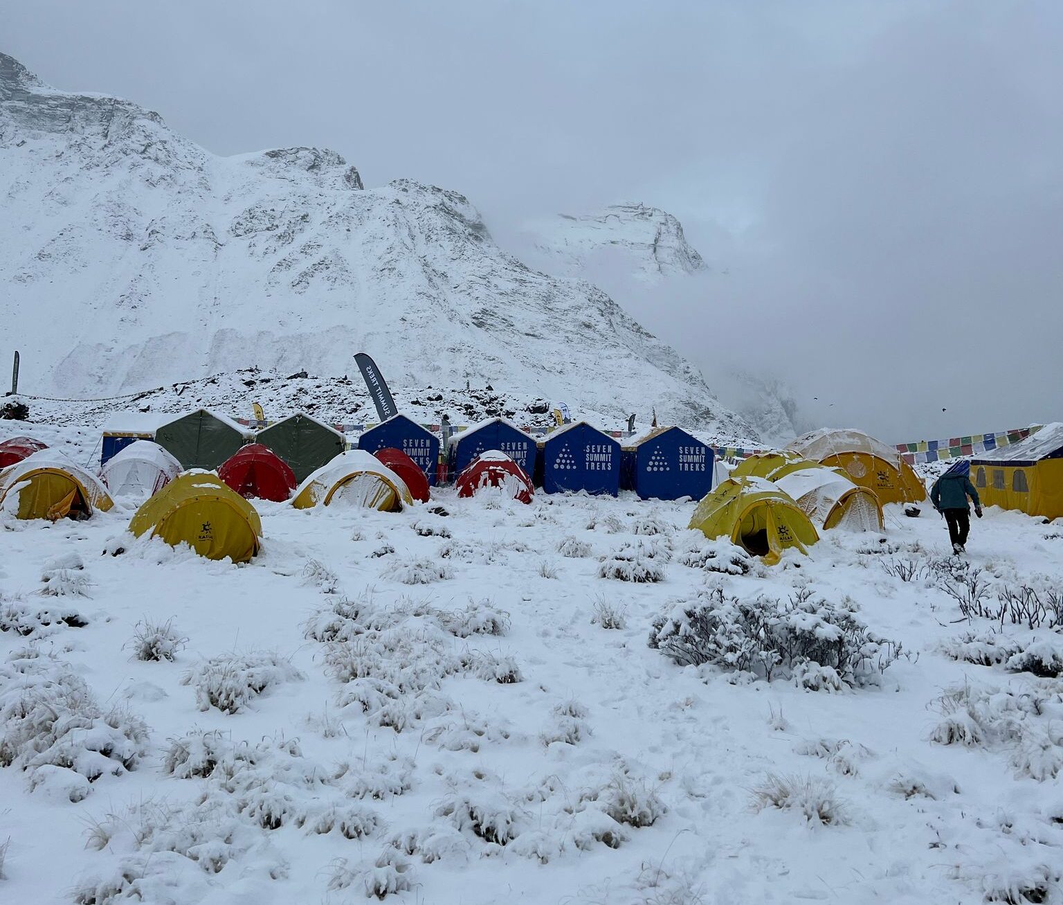 Tents in Annapurna Base Camp under a layer of snow.