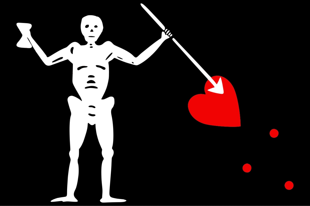 A skeleton spearing a heart.