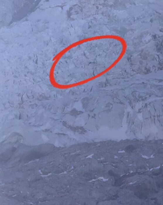 A section of Everest's Khumbu Icefall marked in red, shows a tiny line of climbers.