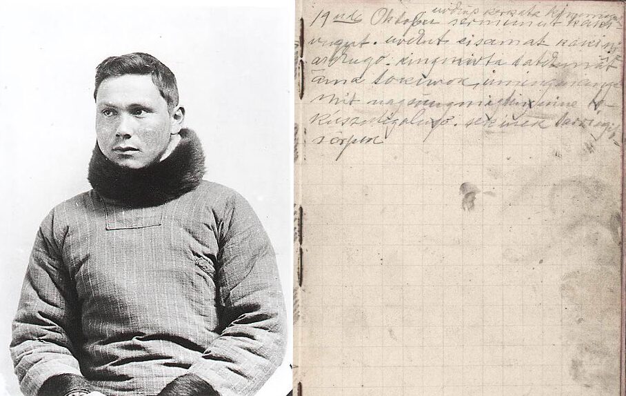 Left, a black and white photo of a young man. Right, the page of a diary with writing in pencil.