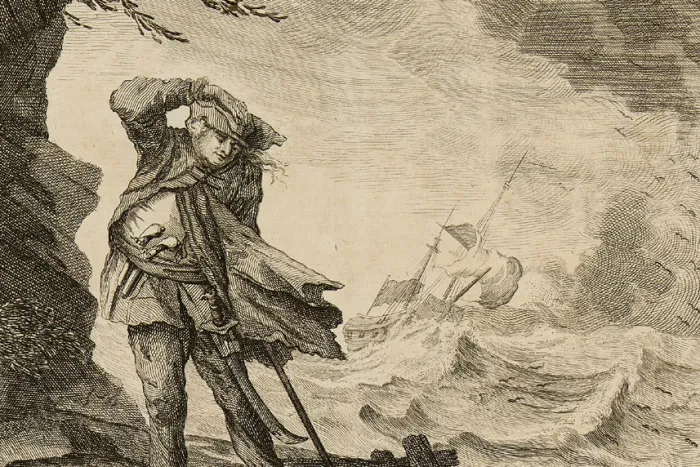 A man in the wind, with storm tossed ships behind him.