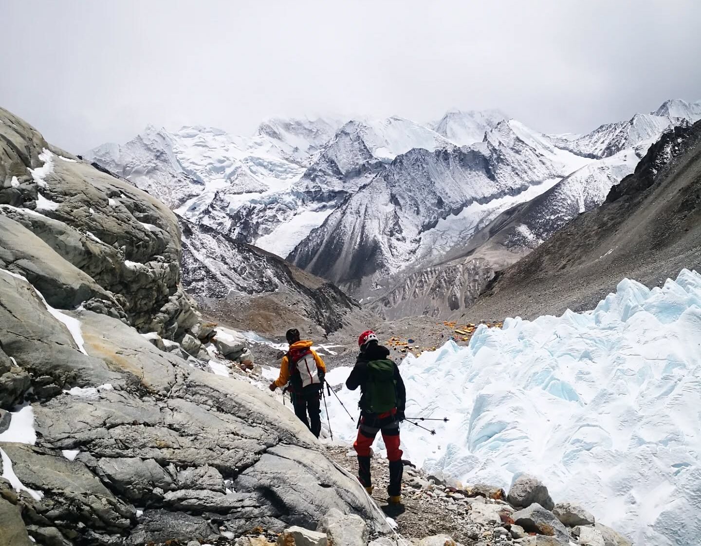 Climbers heading to Camp 1 on Makalu among rocks and penitents.