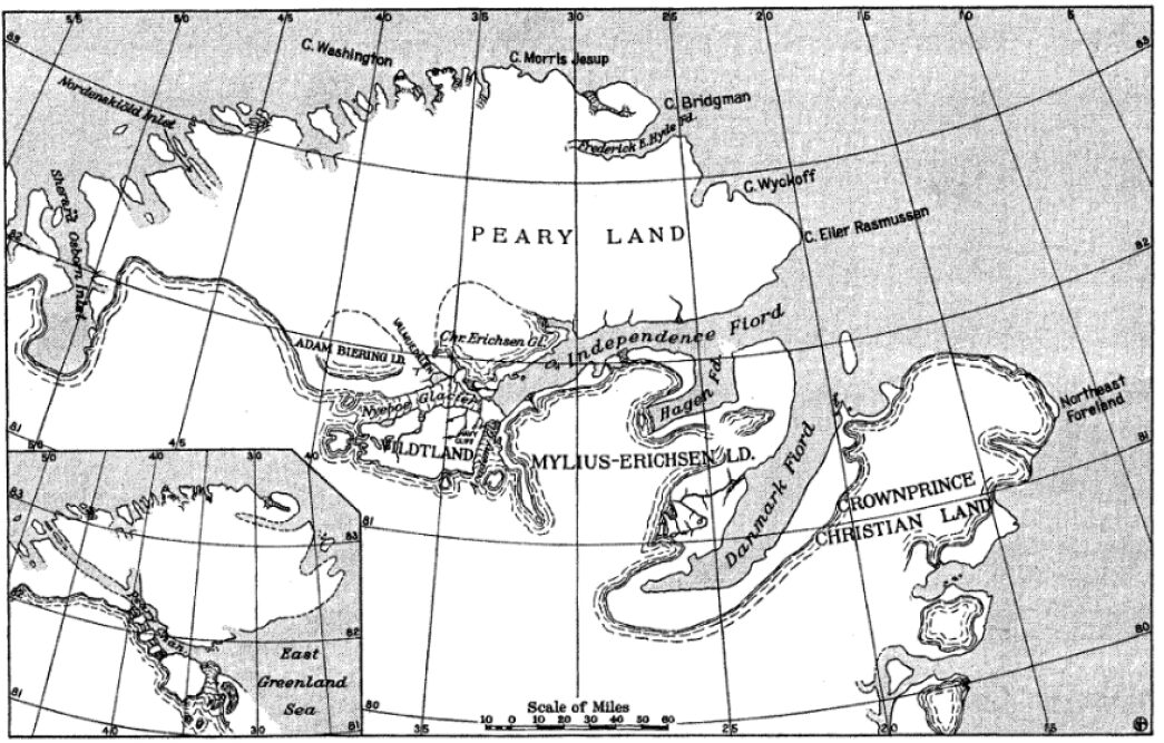 map showing part of Greenland's coast. Inset, the same map but with a channel instead of contiguous land.