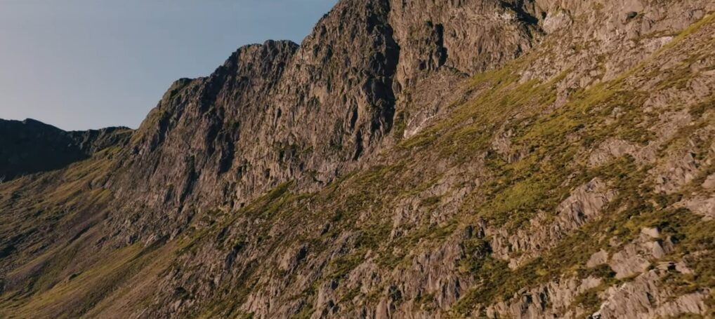 Slanting Gully, a grey stone cliff face