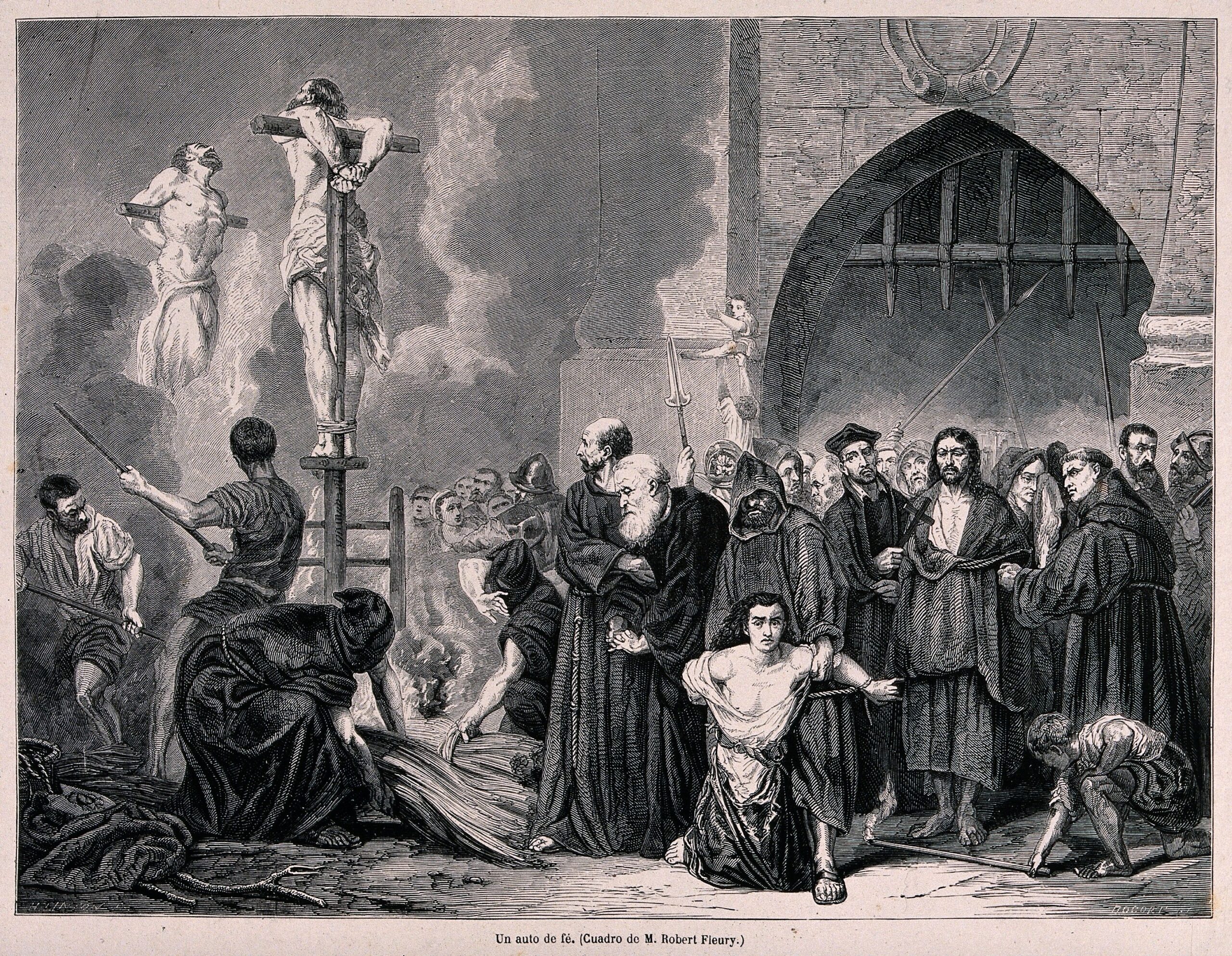 An engraving of two men being burnt alive in front of a crowd.