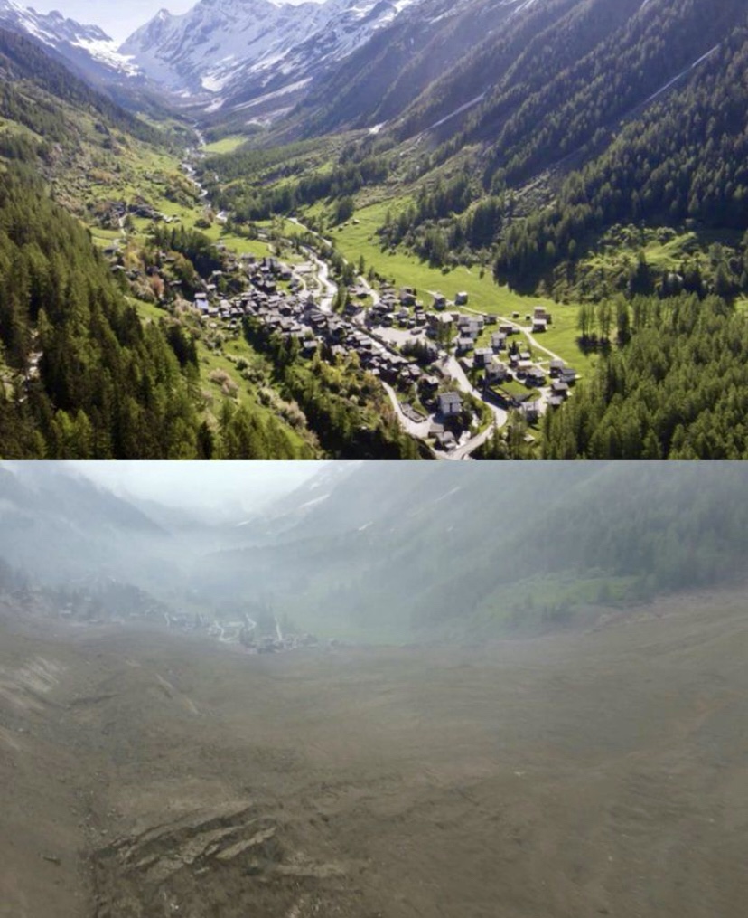 Blatten, before and after the avalanche.