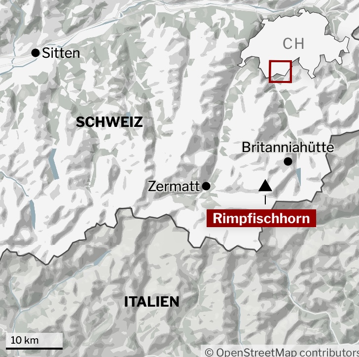 Map showing Rimpfischhorn and Zermatt.