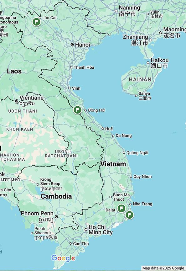A google maps image showing the location of 4 hikes in Vietnam.