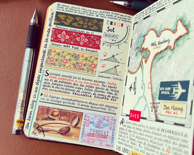 An open notebook showing illustrations, maps and ephemera